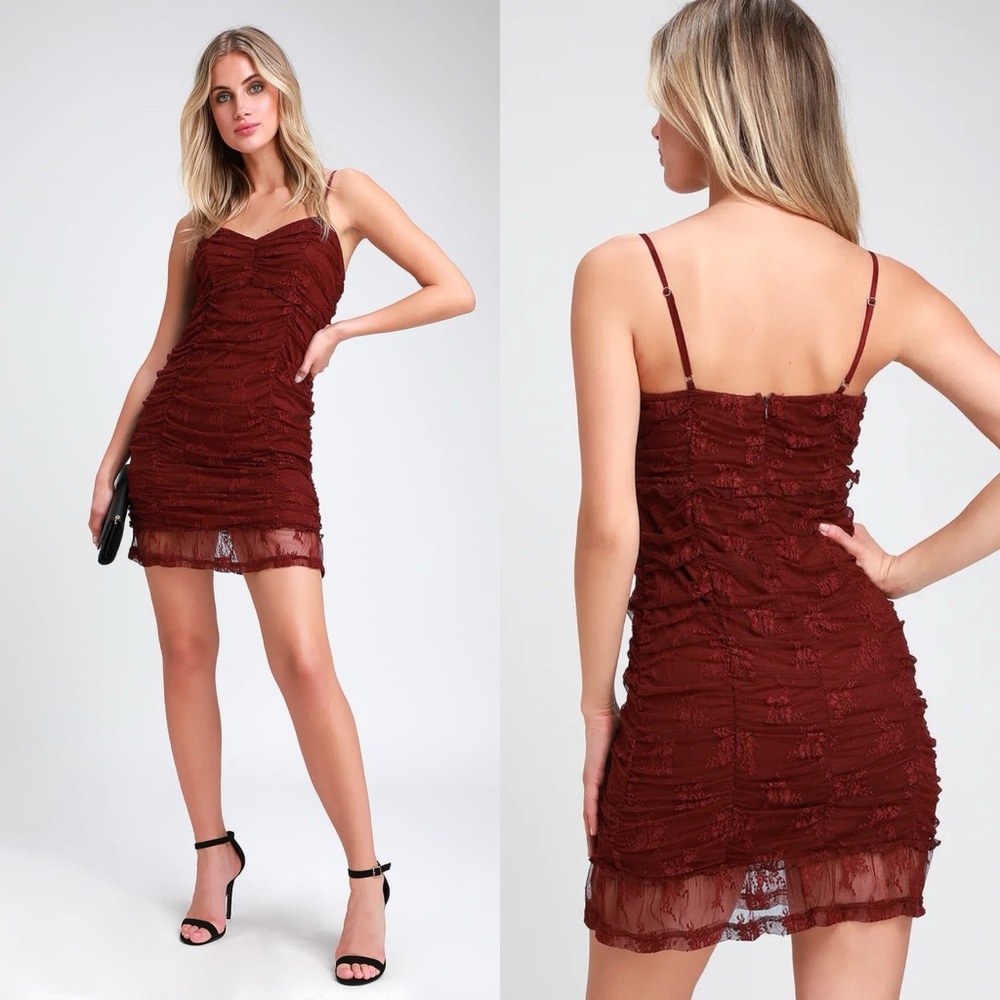 Lulus | Enchantress Burgundy Ruched Lace Bodycon Dress